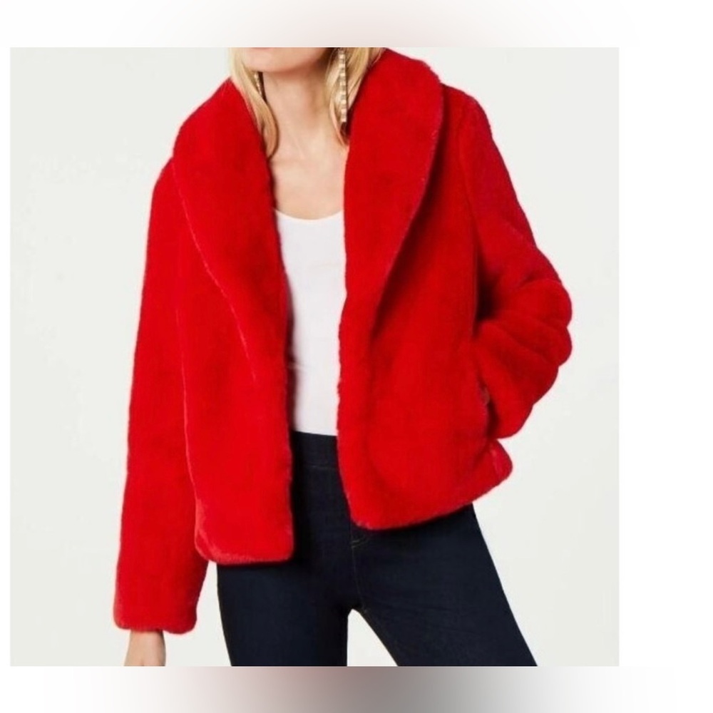 INC International Concepts Red Faux Fur Jacket S Plush Teddy w/Pockets